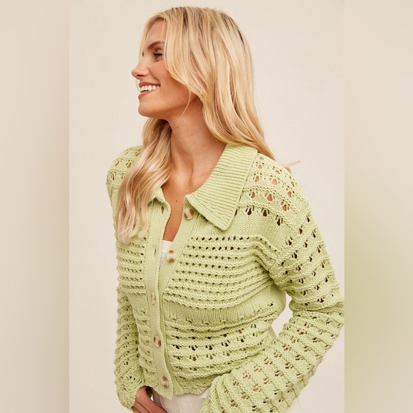 Green patchwork knit spring lace crochet eyelet boho cardigan ribbed sweater - Picture 3 of 8